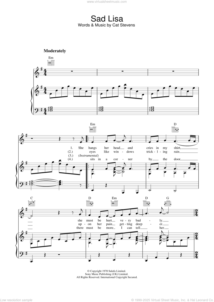 Sad Lisa sheet music for voice, piano or guitar by Cat Stevens, intermediate skill level