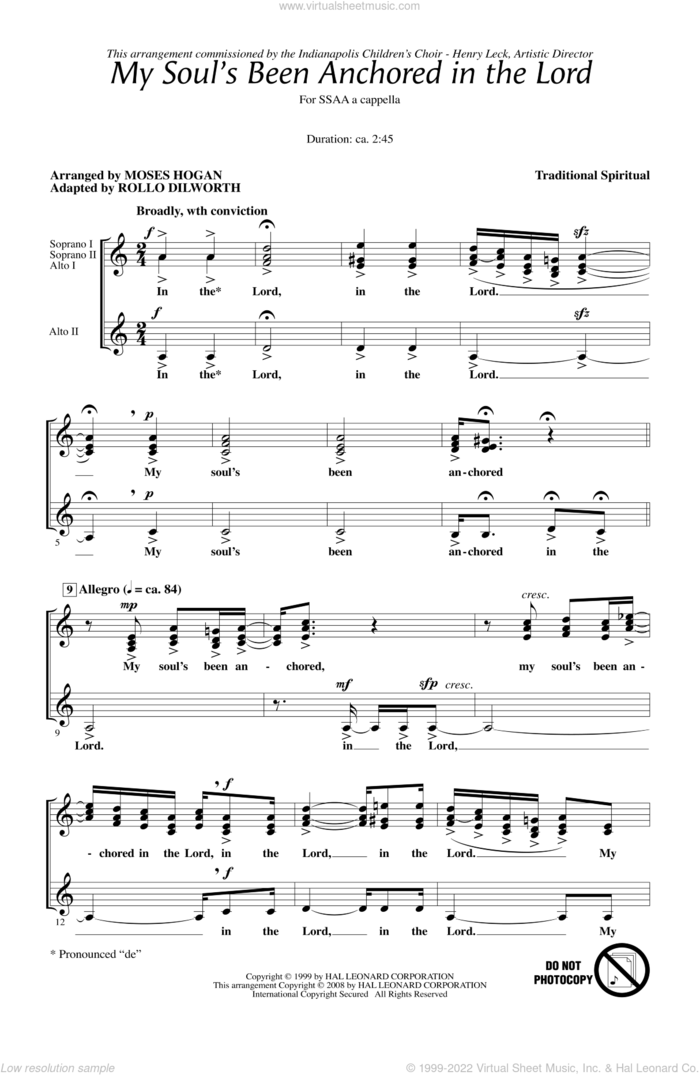 My Soul's Been Anchored In The Lord sheet music for choir (SSAA: soprano, alto) by Rollo Dilworth and Moses Hogan, intermediate skill level