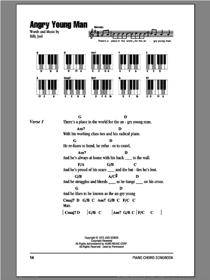 Angry Young Man sheet music for piano solo (chords, lyrics, melody) by Billy Joel, intermediate piano (chords, lyrics, melody)