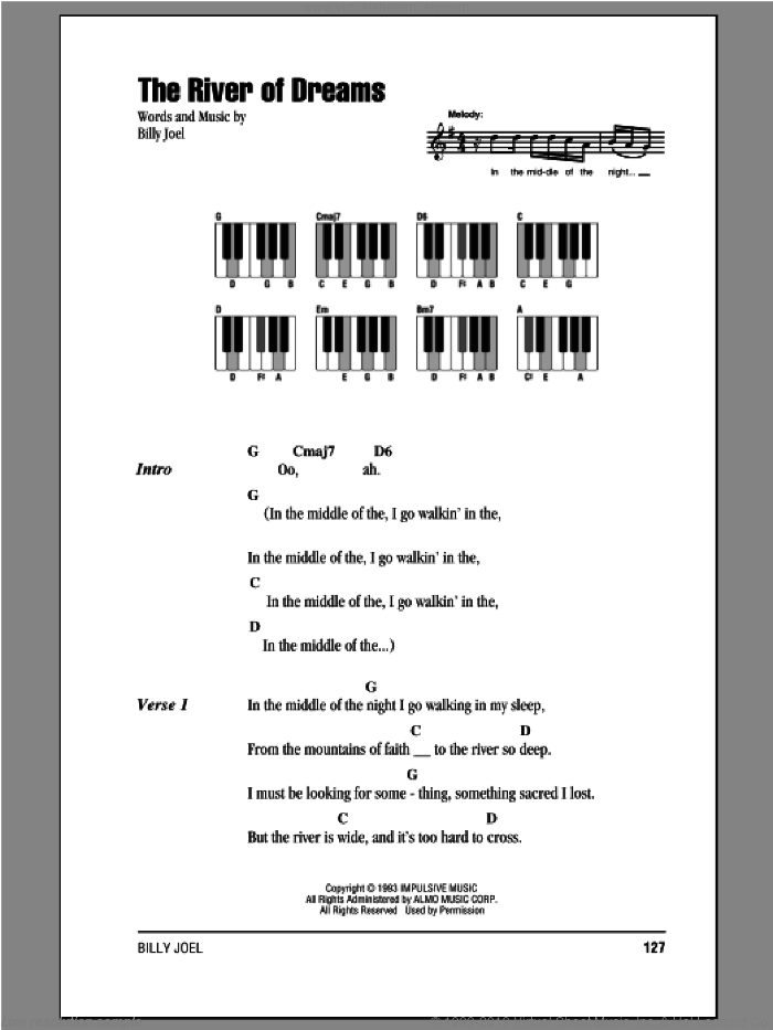 The River Of Dreams sheet music for piano solo (chords, lyrics, melody) by Billy Joel, intermediate piano (chords, lyrics, melody)
