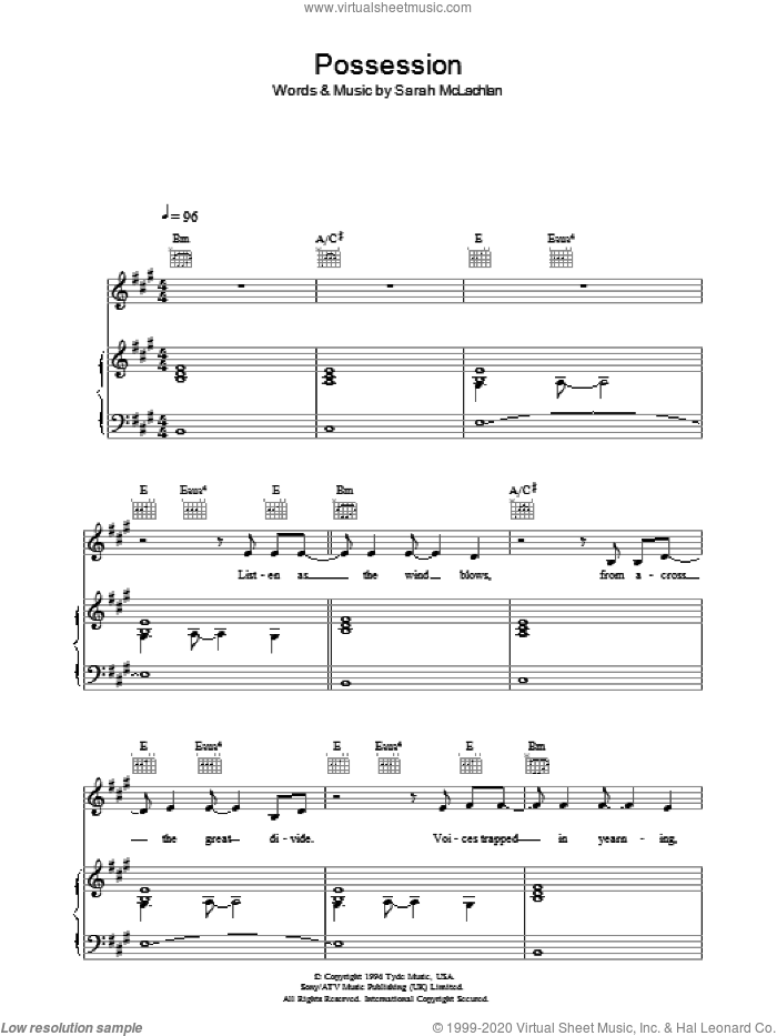 Possession sheet music for voice, piano or guitar by Sarah McLachlan, intermediate skill level