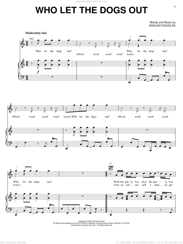 Who Let The Dogs Out sheet music for voice, piano or guitar by Baha Men and Anslem Douglas, intermediate skill level