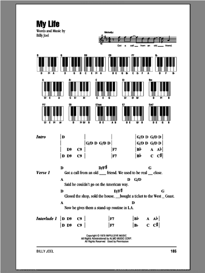 My Life sheet music for piano solo (chords, lyrics, melody) by Billy Joel, intermediate piano (chords, lyrics, melody)