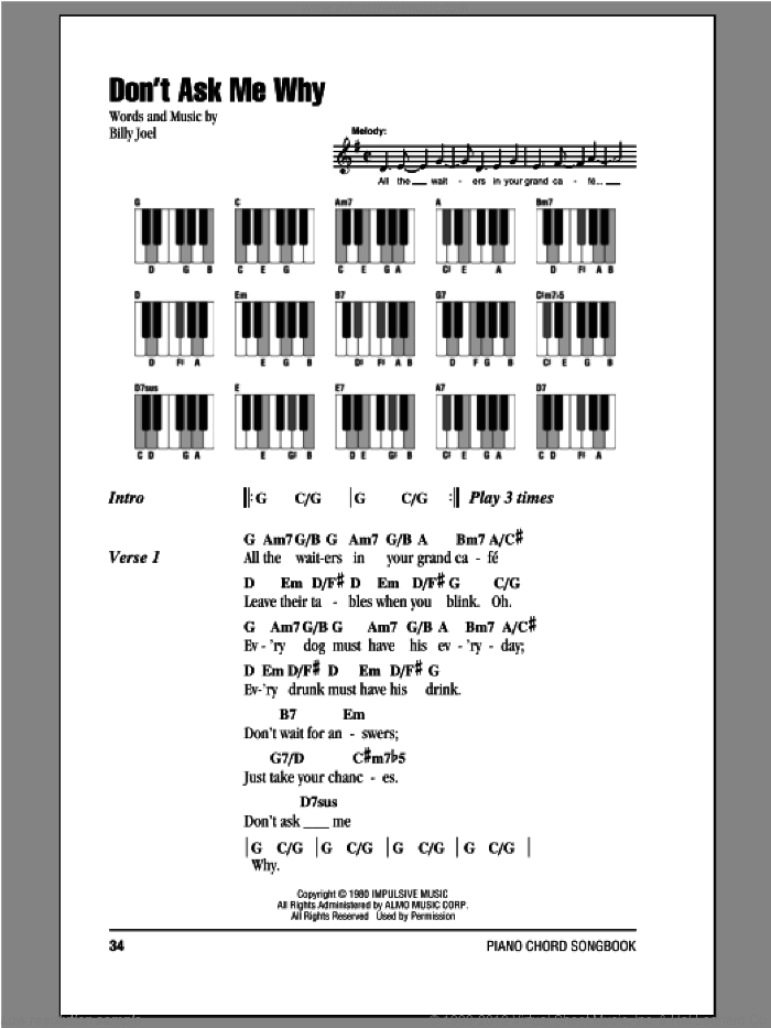 Don't Ask Me Why sheet music for piano solo (chords, lyrics, melody) by Billy Joel, intermediate piano (chords, lyrics, melody)