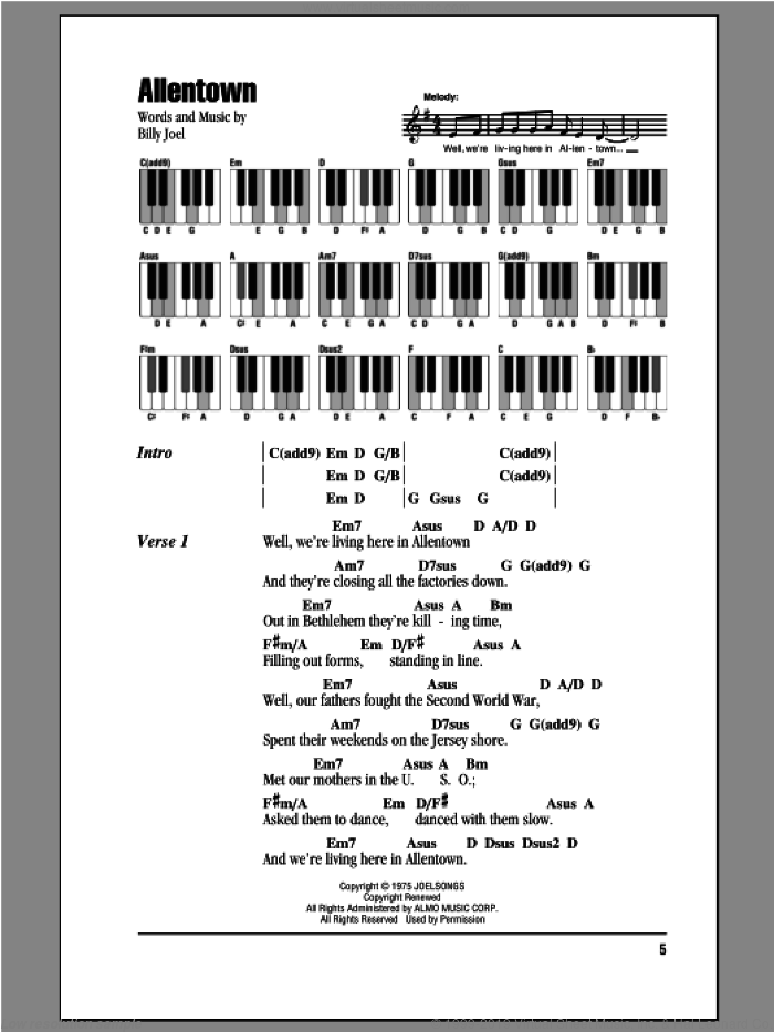 Allentown sheet music for piano solo (chords, lyrics, melody) by Billy Joel, intermediate piano (chords, lyrics, melody)