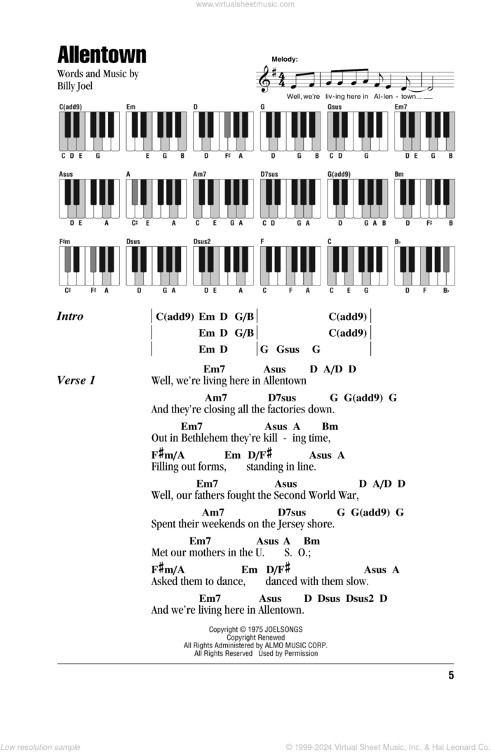 Allentown sheet music for piano solo (chords, lyrics, melody) by Billy Joel, intermediate piano (chords, lyrics, melody)