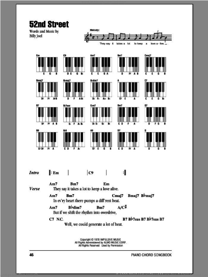 52nd Street sheet music for piano solo (chords, lyrics, melody) by Billy Joel, intermediate piano (chords, lyrics, melody)