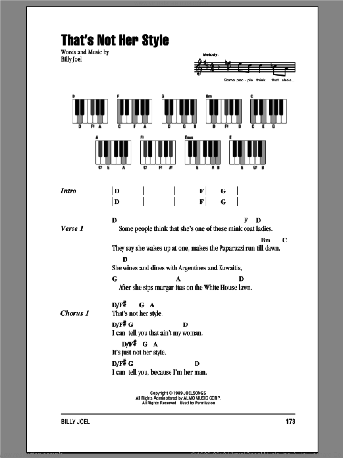 That's Not Her Style sheet music for piano solo (chords, lyrics, melody) by Billy Joel, intermediate piano (chords, lyrics, melody)