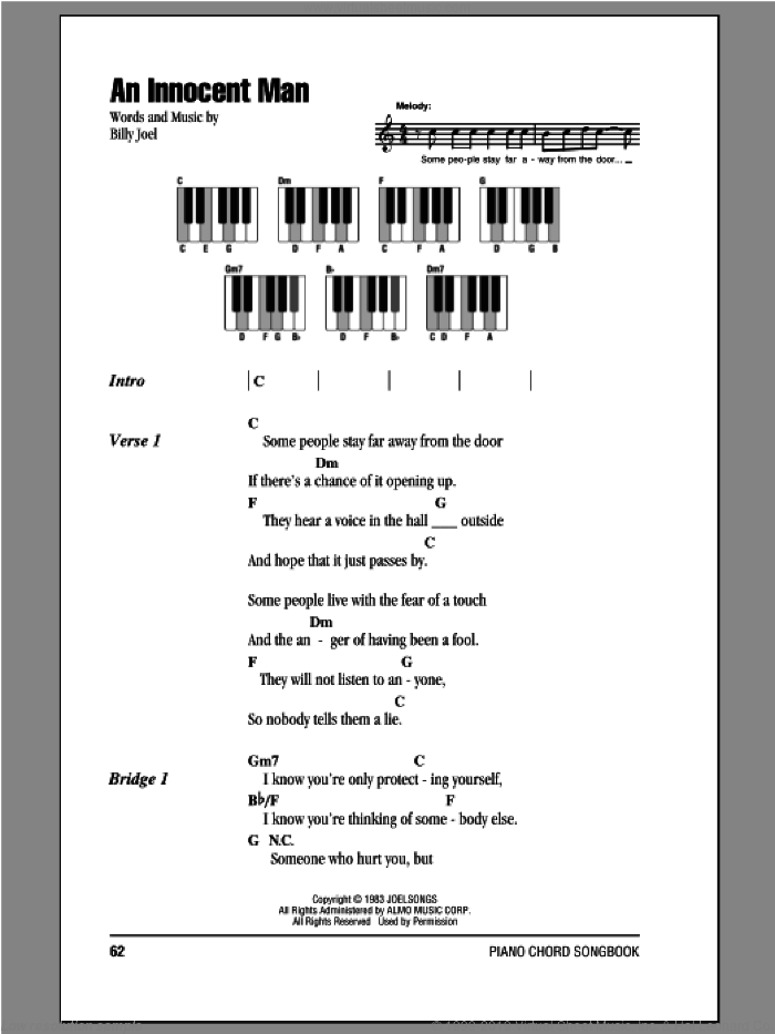An Innocent Man sheet music for piano solo (chords, lyrics, melody) by Billy Joel, intermediate piano (chords, lyrics, melody)