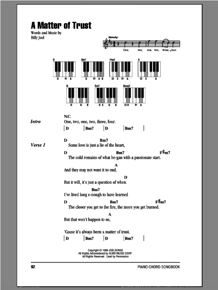 A Matter Of Trust sheet music for piano solo (chords, lyrics, melody) by Billy Joel, intermediate piano (chords, lyrics, melody)