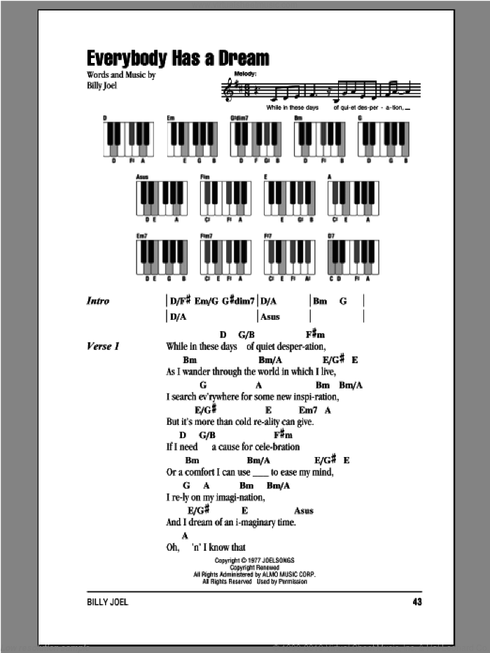 Everybody Has A Dream sheet music for piano solo (chords, lyrics, melody) by Billy Joel, intermediate piano (chords, lyrics, melody)