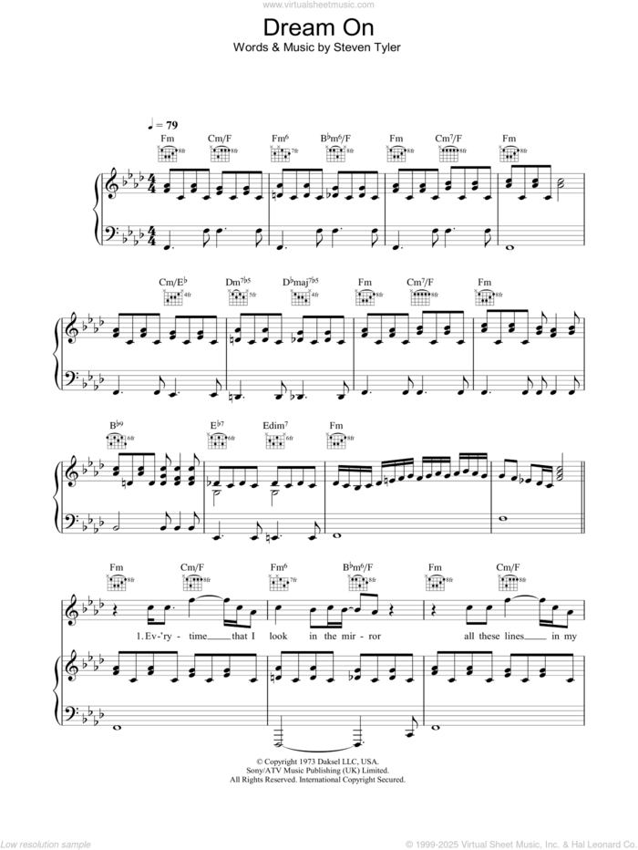 Dream On sheet music for voice, piano or guitar by Aerosmith and Steven Tyler, intermediate skill level