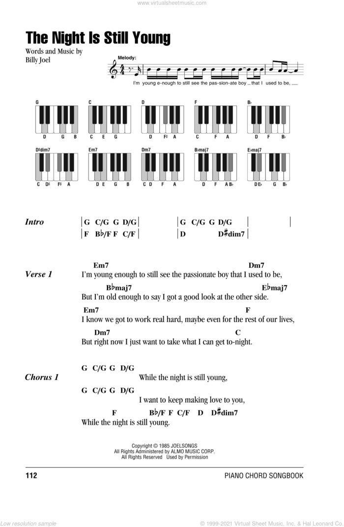 The Night Is Still Young sheet music for piano solo (chords, lyrics, melody) by Billy Joel, intermediate piano (chords, lyrics, melody)