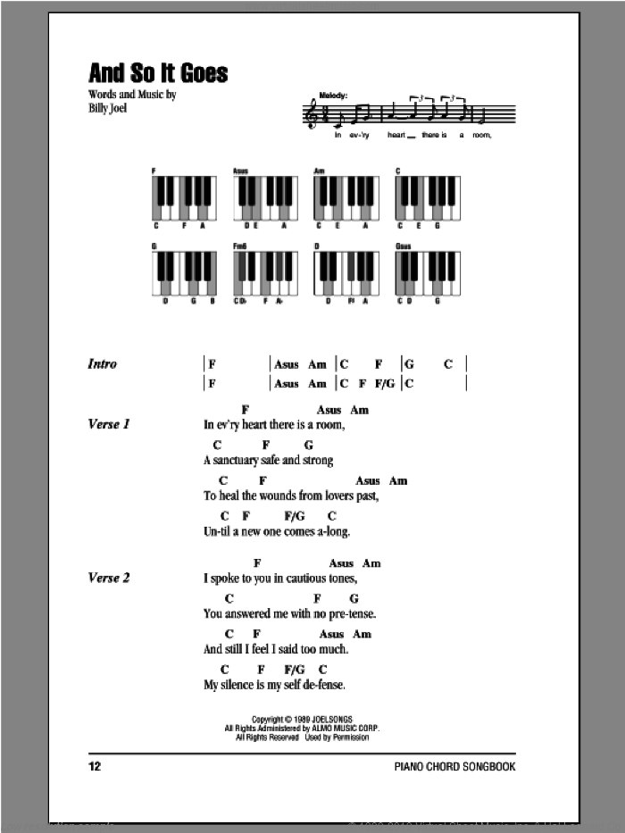 And So It Goes sheet music for piano solo (chords, lyrics, melody) by Billy Joel, intermediate piano (chords, lyrics, melody)