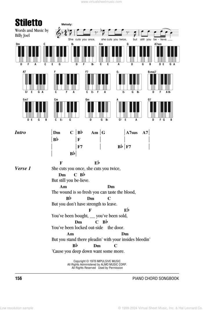 Stiletto sheet music for piano solo (chords, lyrics, melody) by Billy Joel, intermediate piano (chords, lyrics, melody)