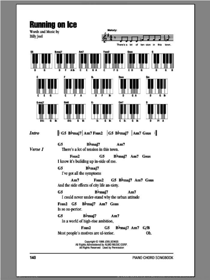 Running On Ice sheet music for piano solo (chords, lyrics, melody) by Billy Joel, intermediate piano (chords, lyrics, melody)