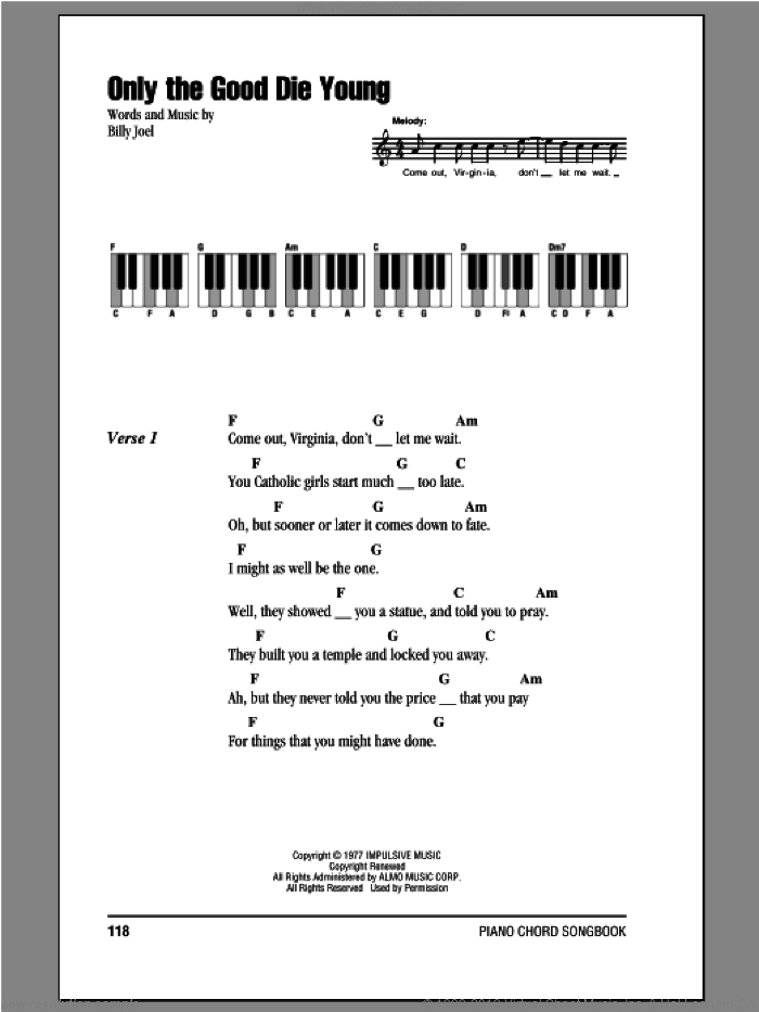 Only The Good Die Young sheet music for piano solo (chords, lyrics, melody) by Billy Joel, intermediate piano (chords, lyrics, melody)
