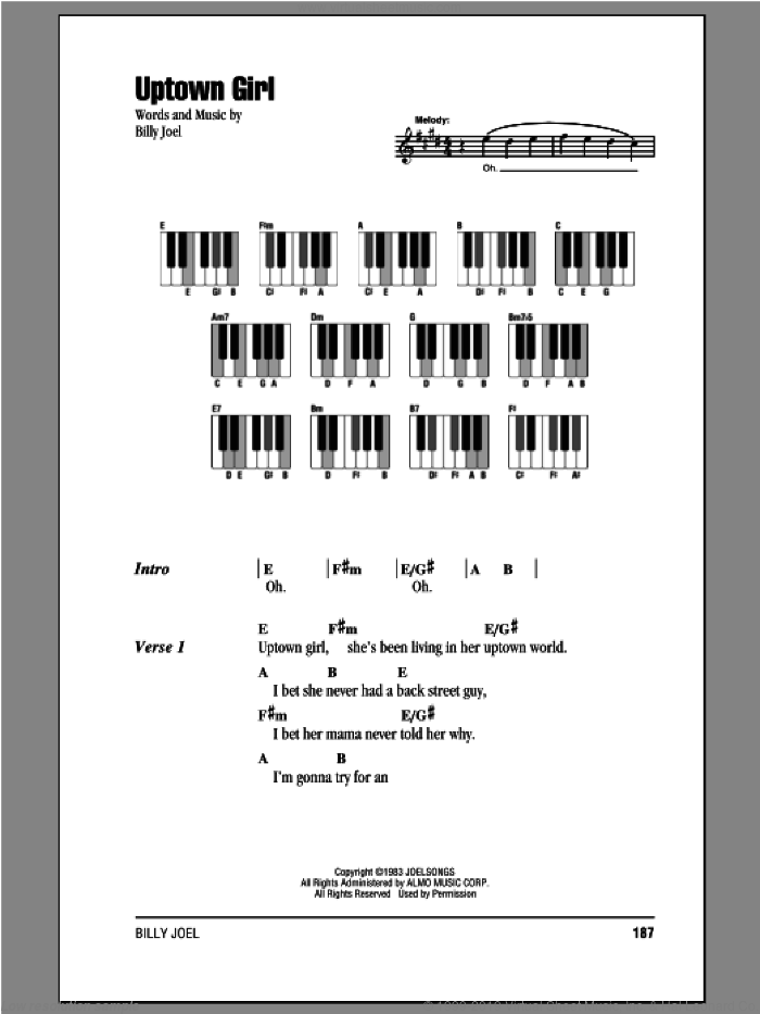 Uptown Girl sheet music for piano solo (chords, lyrics, melody) by Billy Joel, intermediate piano (chords, lyrics, melody)