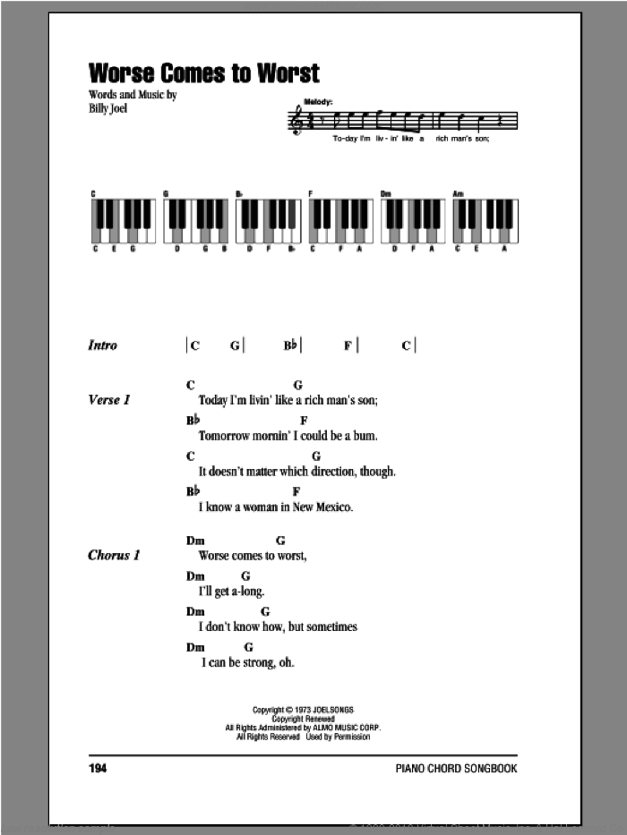 Worse Comes To Worst sheet music for piano solo (chords, lyrics, melody) by Billy Joel, intermediate piano (chords, lyrics, melody)