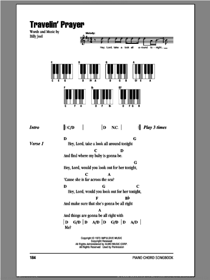 Travelin' Prayer sheet music for piano solo (chords, lyrics, melody) by Billy Joel, intermediate piano (chords, lyrics, melody)