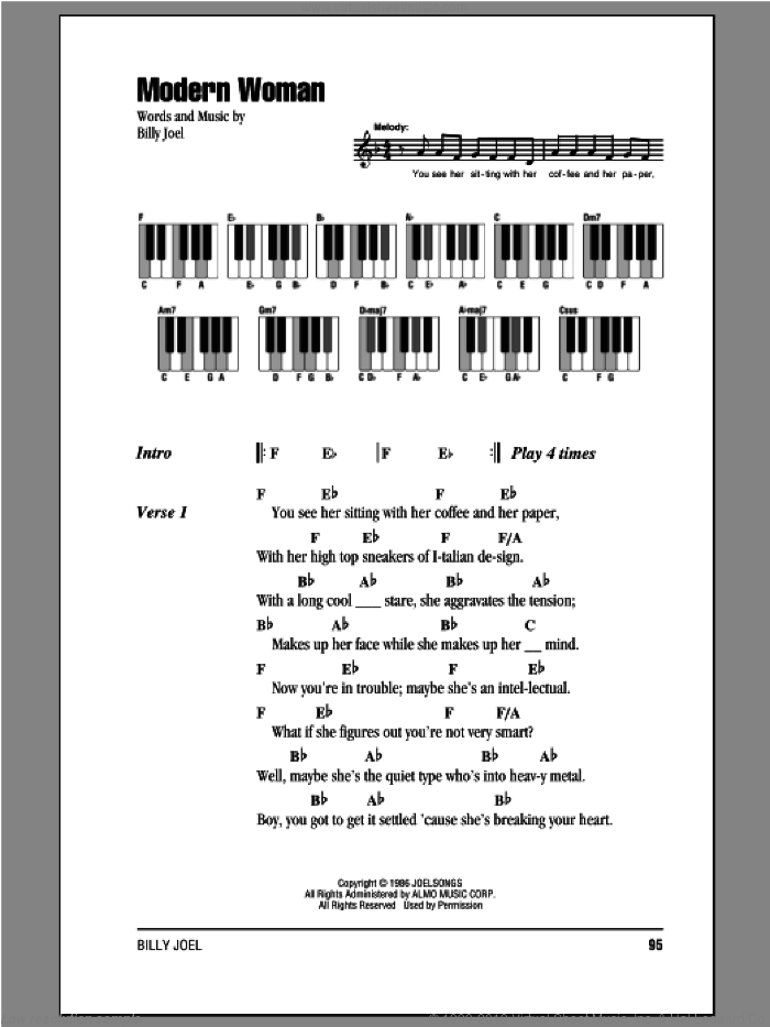 Modern Woman sheet music for piano solo (chords, lyrics, melody) by Billy Joel, intermediate piano (chords, lyrics, melody)