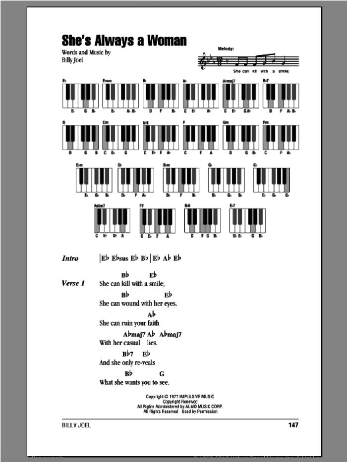 She's Always A Woman sheet music for piano solo (chords, lyrics, melody) by Billy Joel, intermediate piano (chords, lyrics, melody)