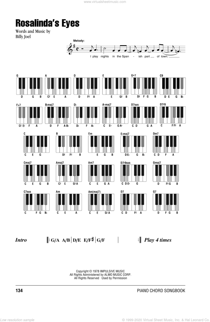 Rosalinda's Eyes sheet music for piano solo (chords, lyrics, melody) by Billy Joel, intermediate piano (chords, lyrics, melody)