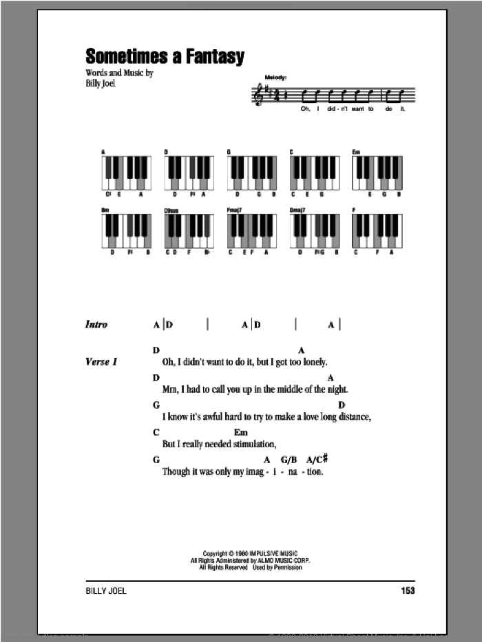Sometimes A Fantasy sheet music for piano solo (chords, lyrics, melody) by Billy Joel, intermediate piano (chords, lyrics, melody)