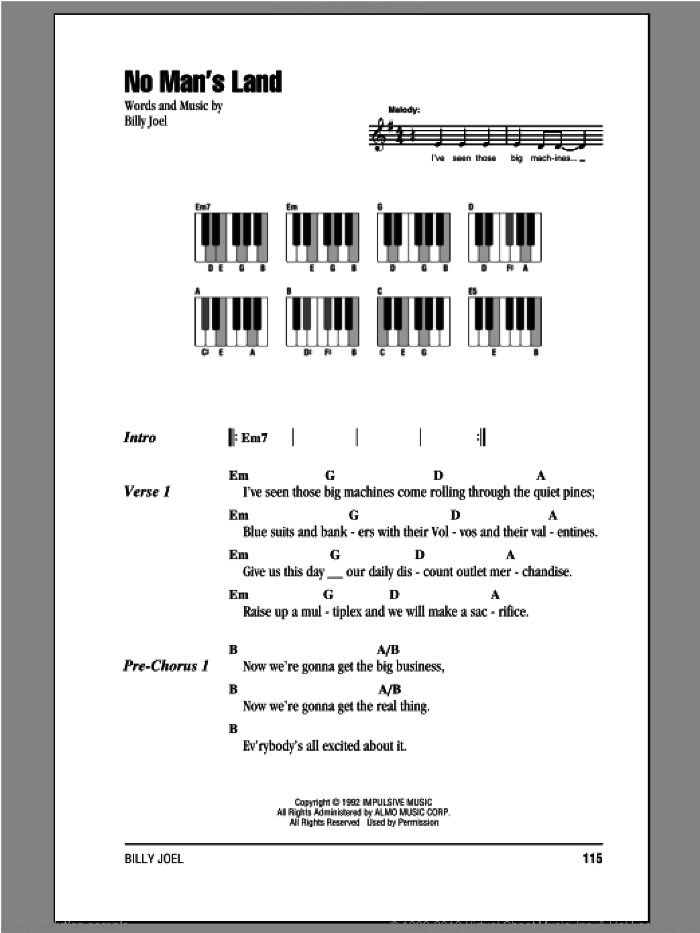 No Man's Land sheet music for piano solo (chords, lyrics, melody) by Billy Joel, intermediate piano (chords, lyrics, melody)