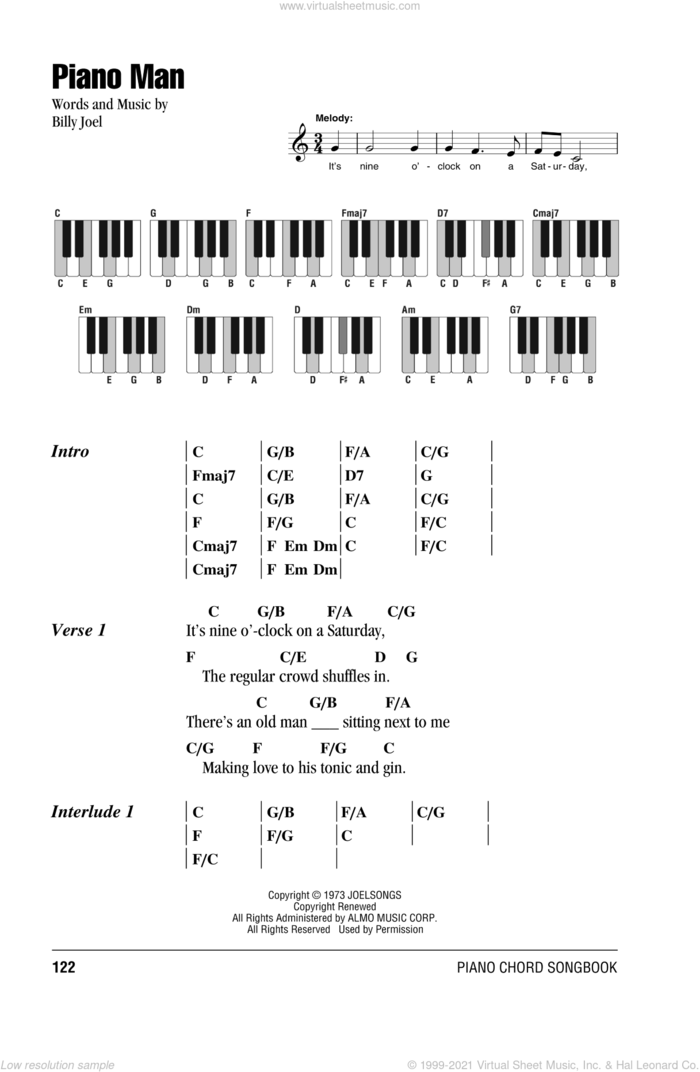 Piano Man sheet music for piano solo (chords, lyrics, melody) by Billy Joel, intermediate piano (chords, lyrics, melody)