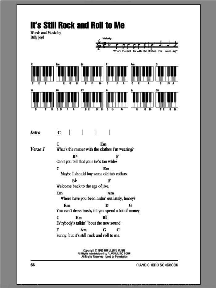 It's Still Rock And Roll To Me sheet music for piano solo (chords, lyrics, melody) by Billy Joel, intermediate piano (chords, lyrics, melody)
