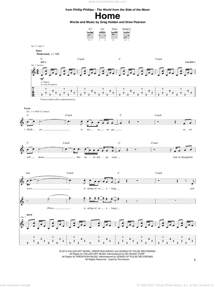 Home sheet music for guitar (tablature) by Phillip Phillips, Drew Pearson and Greg Holden, intermediate skill level