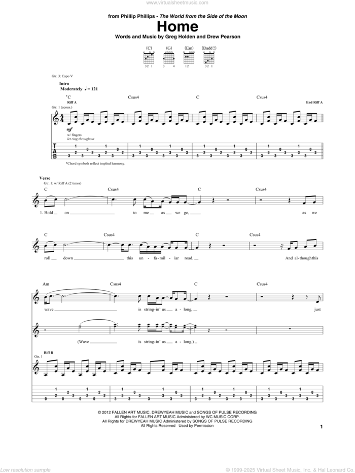 Home sheet music for guitar (tablature) by Phillip Phillips, Drew Pearson and Greg Holden, intermediate skill level