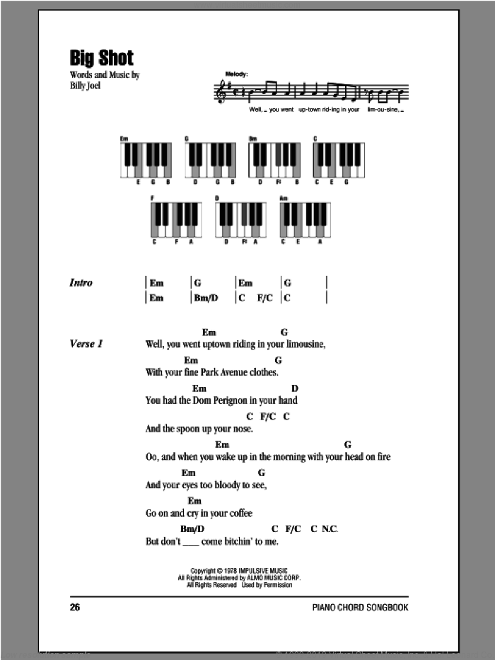Big Shot sheet music for piano solo (chords, lyrics, melody) by Billy Joel, intermediate piano (chords, lyrics, melody)