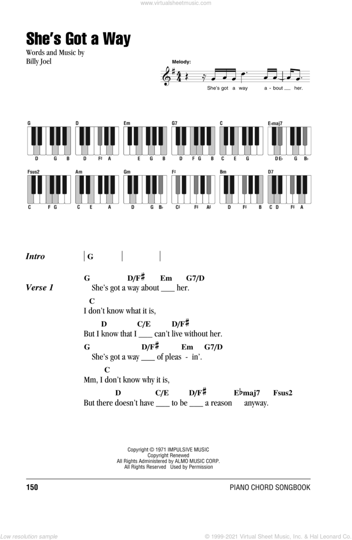 She's Got A Way sheet music for piano solo (chords, lyrics, melody) by Billy Joel, intermediate piano (chords, lyrics, melody)