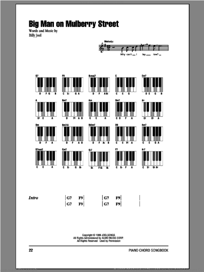 Big Man On Mulberry Street sheet music for piano solo (chords, lyrics, melody) by Billy Joel, intermediate piano (chords, lyrics, melody)