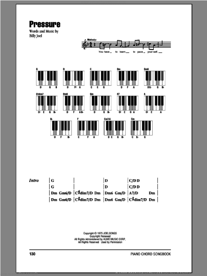 Pressure sheet music for piano solo (chords, lyrics, melody) by Billy Joel, intermediate piano (chords, lyrics, melody)