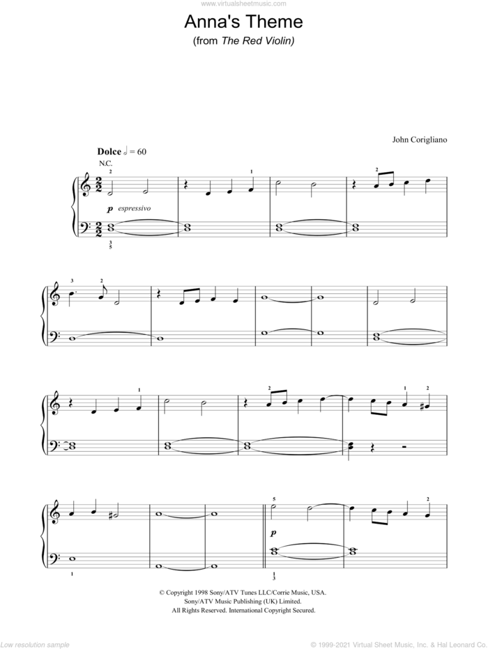 Anna's Theme (from The Red Violin) sheet music for voice, piano or guitar by John Corigliano, intermediate skill level