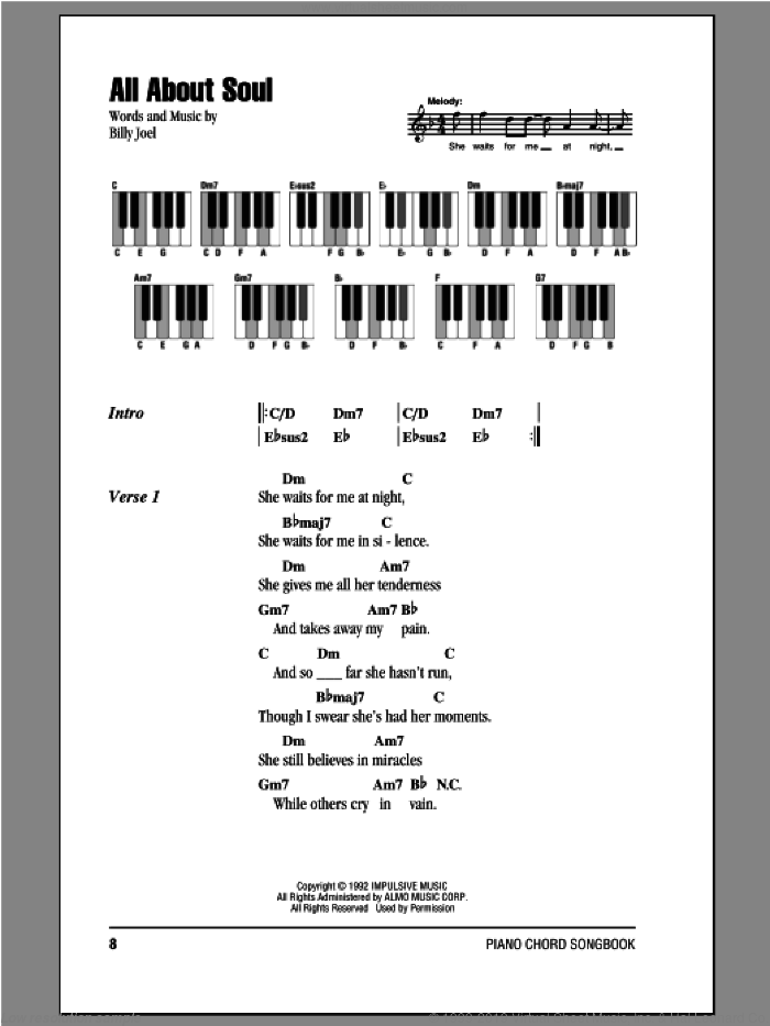 All About Soul sheet music for piano solo (chords, lyrics, melody) by Billy Joel, intermediate piano (chords, lyrics, melody)