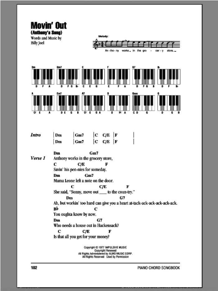 Movin' Out (Anthony's Song) sheet music for piano solo (chords, lyrics, melody) by Billy Joel, intermediate piano (chords, lyrics, melody)