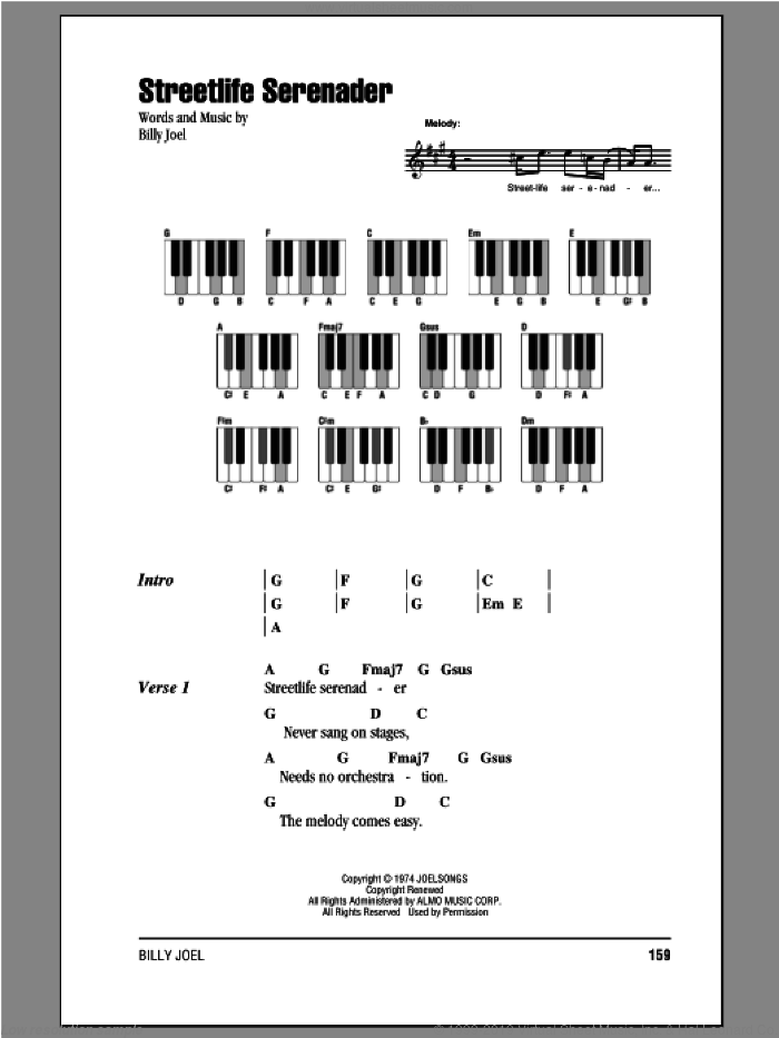 Streetlife Serenader sheet music for piano solo (chords, lyrics, melody) by Billy Joel, intermediate piano (chords, lyrics, melody)