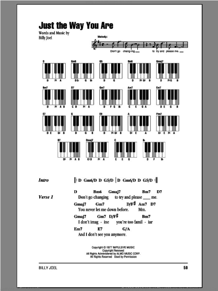 Just The Way You Are sheet music for piano solo (chords, lyrics, melody) by Billy Joel, wedding score, intermediate piano (chords, lyrics, melody)