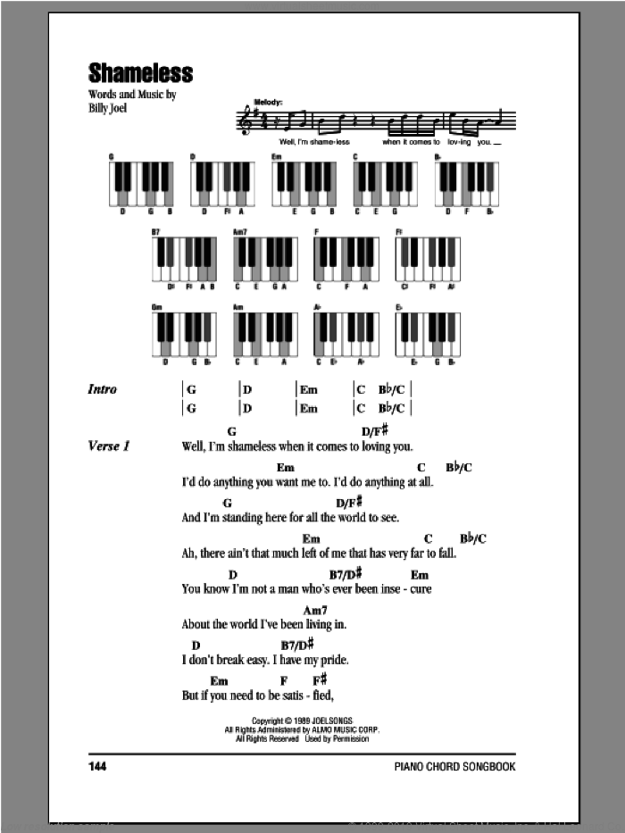 Shameless sheet music for piano solo (chords, lyrics, melody) by Billy Joel, intermediate piano (chords, lyrics, melody)