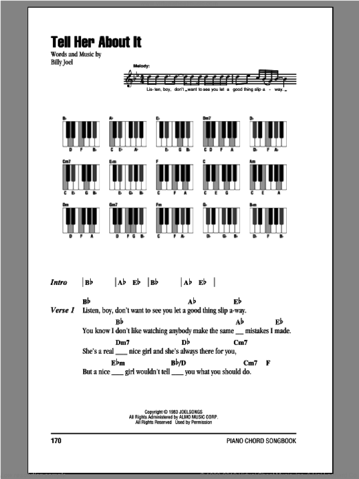 Tell Her About It sheet music for piano solo (chords, lyrics, melody) by Billy Joel, intermediate piano (chords, lyrics, melody)