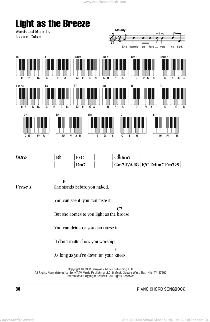Light As The Breeze sheet music for piano solo (chords, lyrics, melody) by Billy Joel and Leonard Cohen, intermediate piano (chords, lyrics, melody)