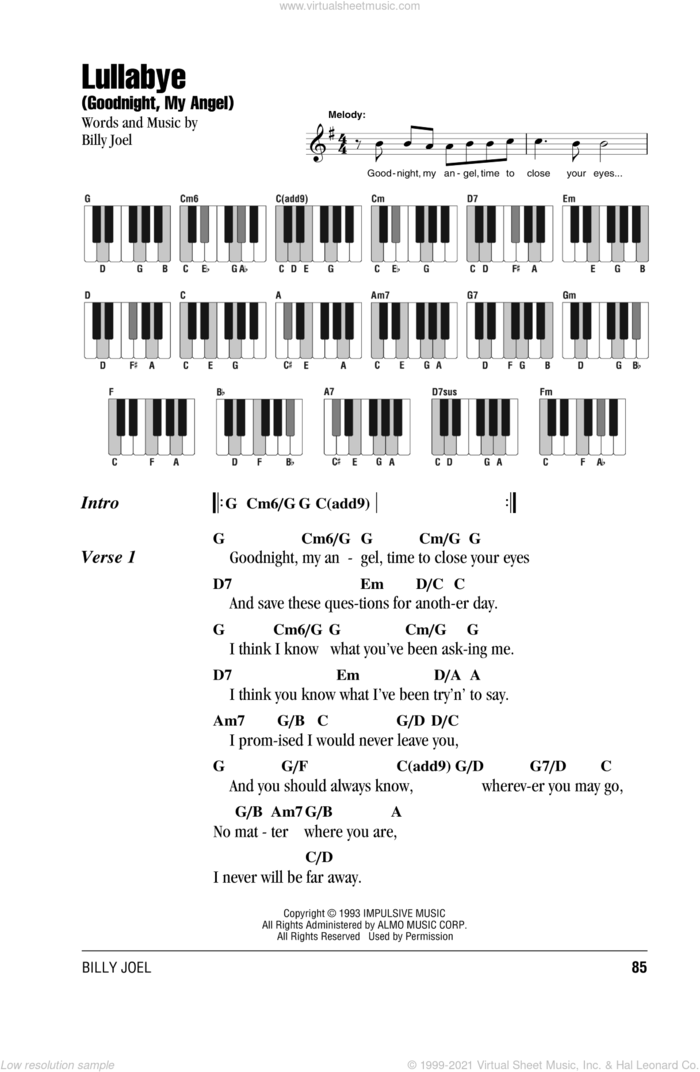 Lullabye (Goodnight, My Angel) sheet music for piano solo (chords, lyrics, melody) by Billy Joel, intermediate piano (chords, lyrics, melody)