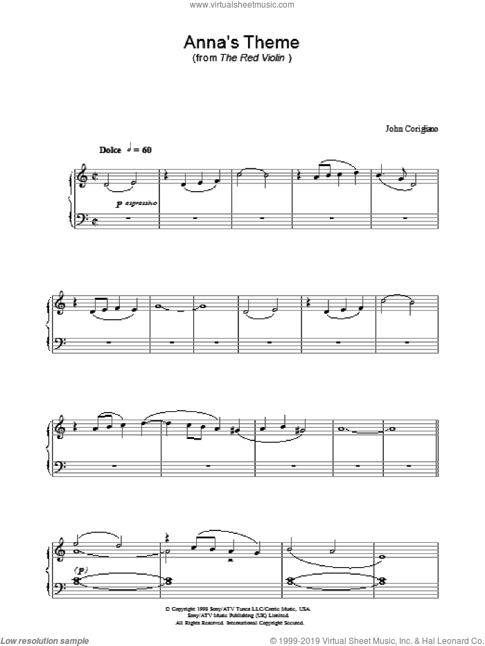 Anna's Theme (from The Red Violin) sheet music for piano solo by John Corigliano, intermediate skill level