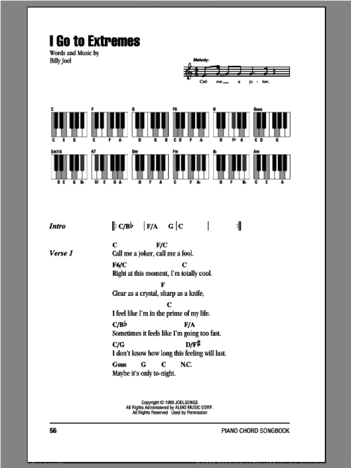 I Go To Extremes sheet music for piano solo (chords, lyrics, melody) by Billy Joel, intermediate piano (chords, lyrics, melody)