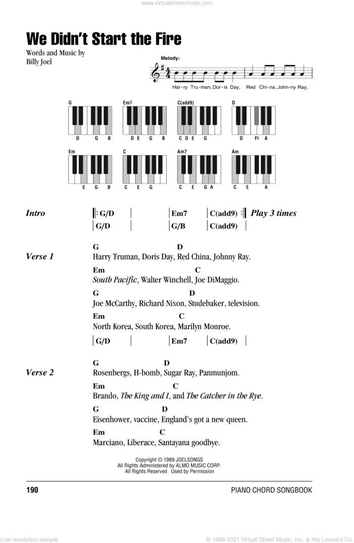We Didn't Start The Fire sheet music for piano solo (chords, lyrics, melody) by Billy Joel, intermediate piano (chords, lyrics, melody)