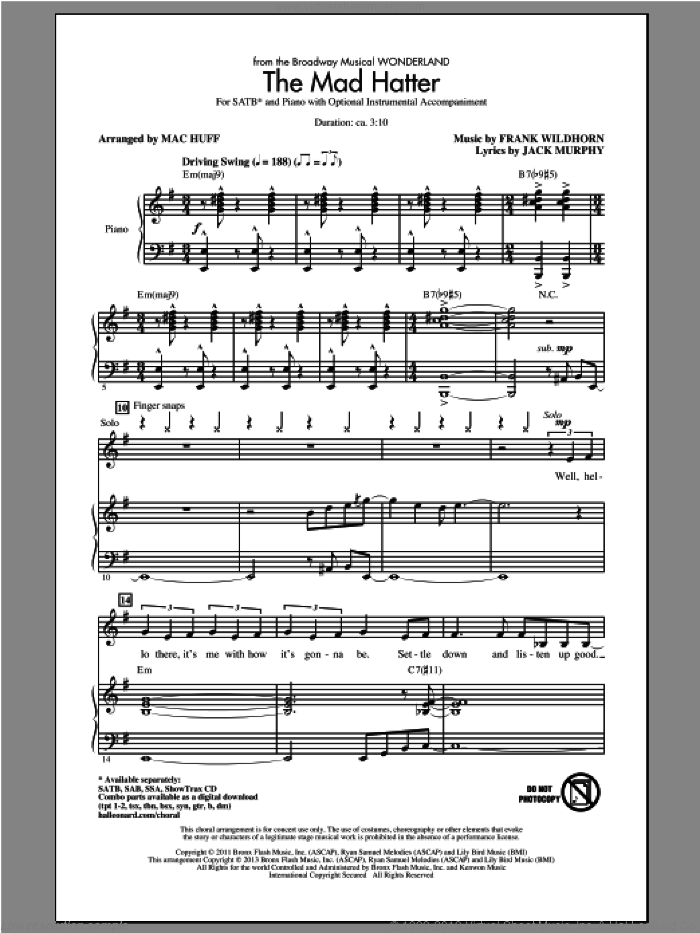 The Mad Hatter sheet music for choir (SATB: soprano, alto, tenor, bass) by Mac Huff, Frank Wildhorn, Jack Murphy and Wonderland (Musical), intermediate skill level